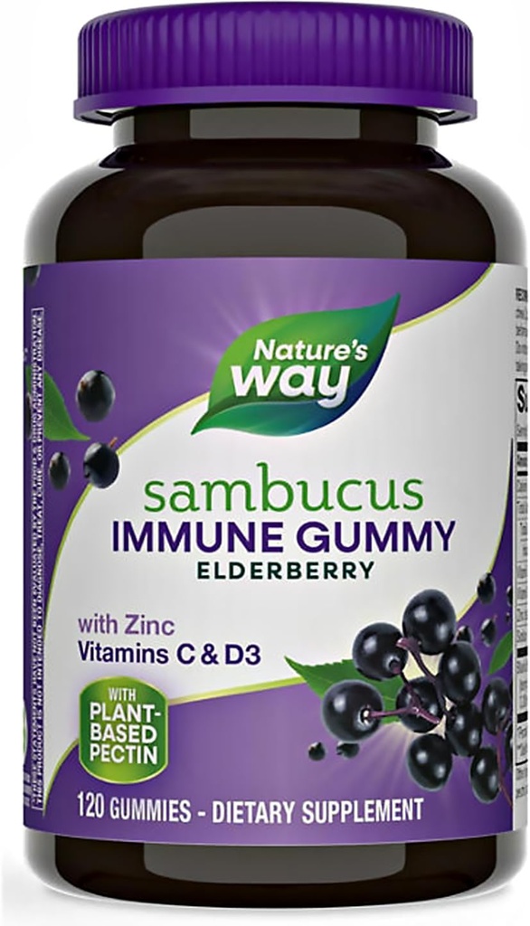 Natures+Way Sambucus Elderberry Gummies, C-vitamiini, D-vitamiini ja tsinkiga, immuuntoetus lastele ja täiskasvanutele, 120 kummikut