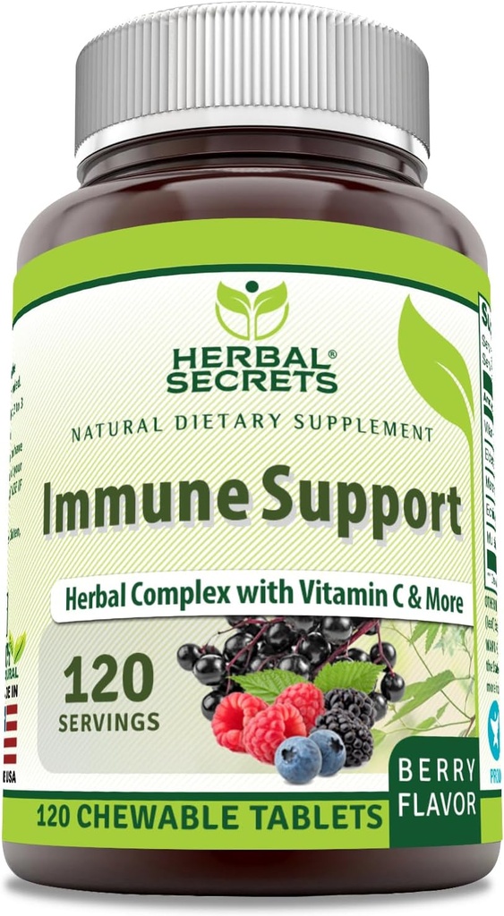 Taimsed saladused Immuuntugi C-vitamiini ja leedrimarjaga | Berry Maitse närimistabletid | 120 Count | Mitte-GMO | Glute-free | Valmistatud USA-s