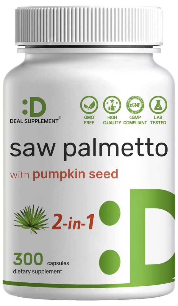 Saw Palmetto täiendus kõrvitsaseemnega, 300 kapslit | Eesnäärme tervise edendamine | DHT Blocker | Juuksekasvu vitamiinid, säilitada normaalne kuseteede sagedus