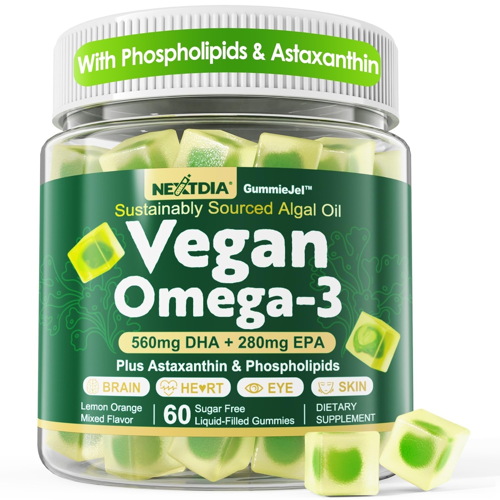 Vegan Omega 3 Gummies + fosfolipiidid, astaksantiin, vitamiin D3, DHA 560mg & EPA 280mg, kalavabad vetikad Omega 3 täiskasvanutele ja lastele aju, silma, naha ja üldise tervise jaoks, suhkruvaba, 60 Cts