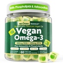 Vegan Omega 3 Gummies + fosfolipiidid, astaksantiin, vitamiin D3, DHA 560mg & EPA 280mg, kalavabad vetikad Omega 3 täiskasvanutele ja lastele aju, silma, naha ja üldise tervise jaoks, suhkruvaba, 60 Cts