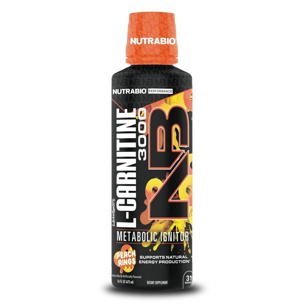 NutraBio - L-karnitiin Vedelad kaadrid - 3000mg, (virsikurõngad) - 10mg vitamiini B-5 - null süsivesikuid ja suhkruid - energia tootmine - lihaste taastamine