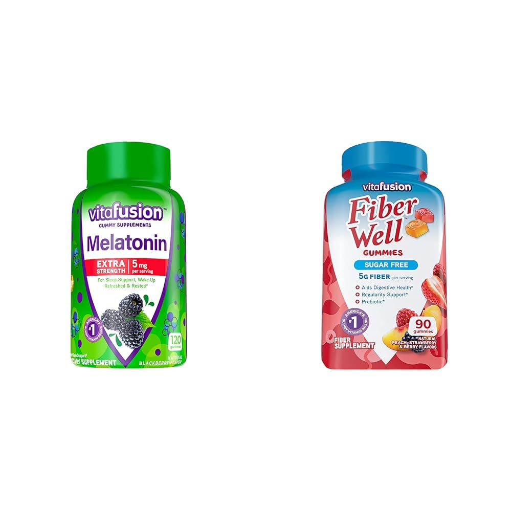Vitafusion Extra Tugevus Melatoniin Kummi vitamiinid, 5mg, 120 ct Gummies & Fiber Well Sugar Free Fiber Supplement, virsik, maasikas ja BlackBerry Maitsestatud Toidulisandid, 90 Count