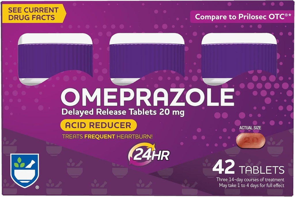 Rite Aid Acid reductionr Omeprazole hilinenud vabastavad tabletid - 20 mg, 3 pudelit, 14 loe iga (42 loend kokku), maitsestamata, kõrvetiste leevendamine, kõrvetiste meditsiin, ravi Sagedased kõrvetised