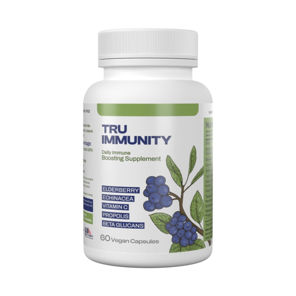 Tru Immunity Boost, Immune Support Supplement, Immune Booster Vitamiinid Täiskasvanutele Elderberry, Echinacea, C-vitamiin, Propolis ja Beeta Glükaanid, 60 Vegan Kapslit
