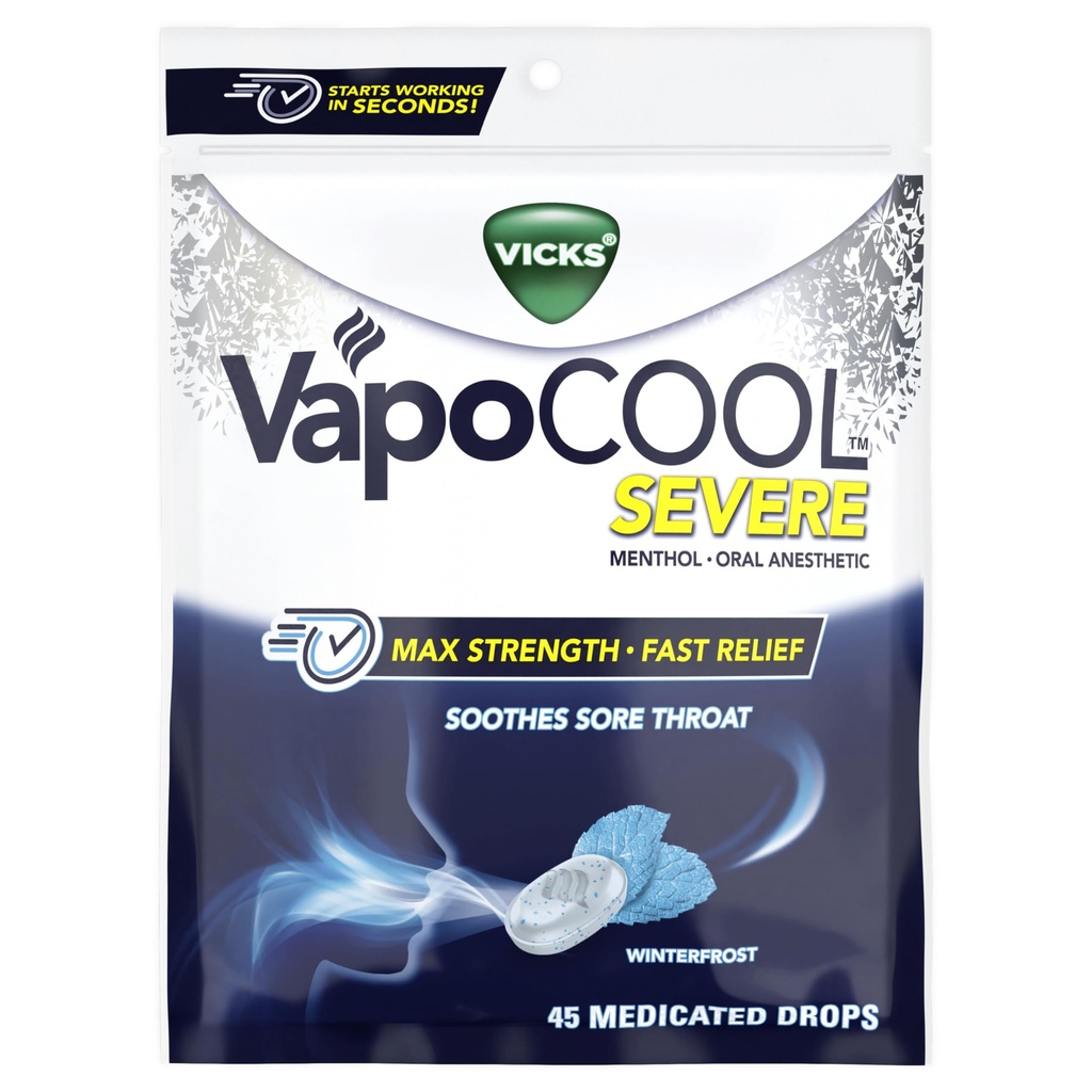 Vicks VapoCool Raskesti kasutatavad valulikud kurgutilgad, Max Tugevus Mentool, Soothes valulik kurguvalu, Talvekülma maitse, 45ct