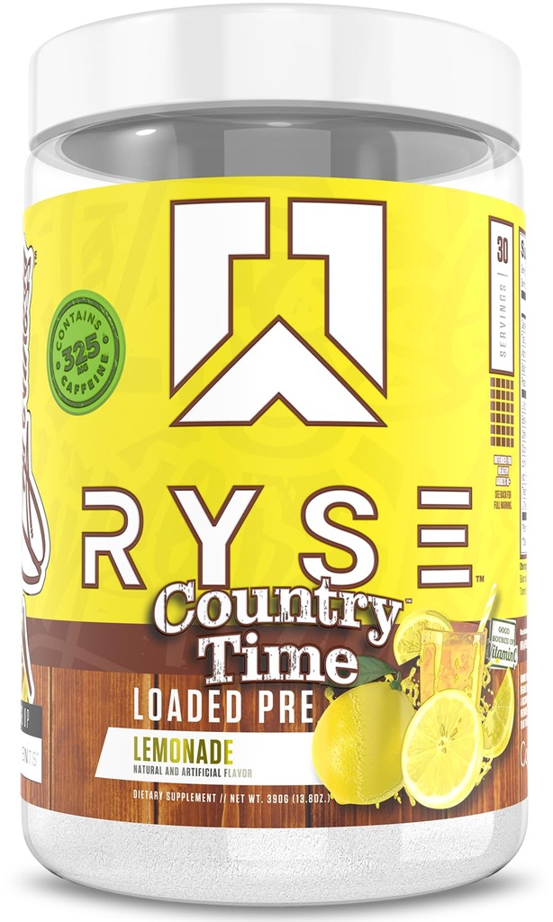 RYSE Laaditud Pre Workout Pulber - Country Time Lemonade - Daily Pre-Workout meestele ja naistele 325mg kofeiini, beeta-alaniin ja tsitrulliin pump, fookus ja energia - 30 Servings