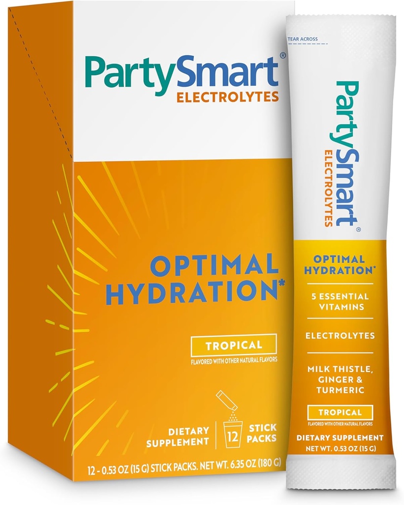 Himalaya PartySmart Tropical Electrolytes Pulber Packets, 12 Count, Toetab Hüdreerimist, Rehüdraat Naatrium & Kaalium, Vitamiin C & More, Antioksüdant Taastussegu Piimaohakas, Ingver Ja Kurkum