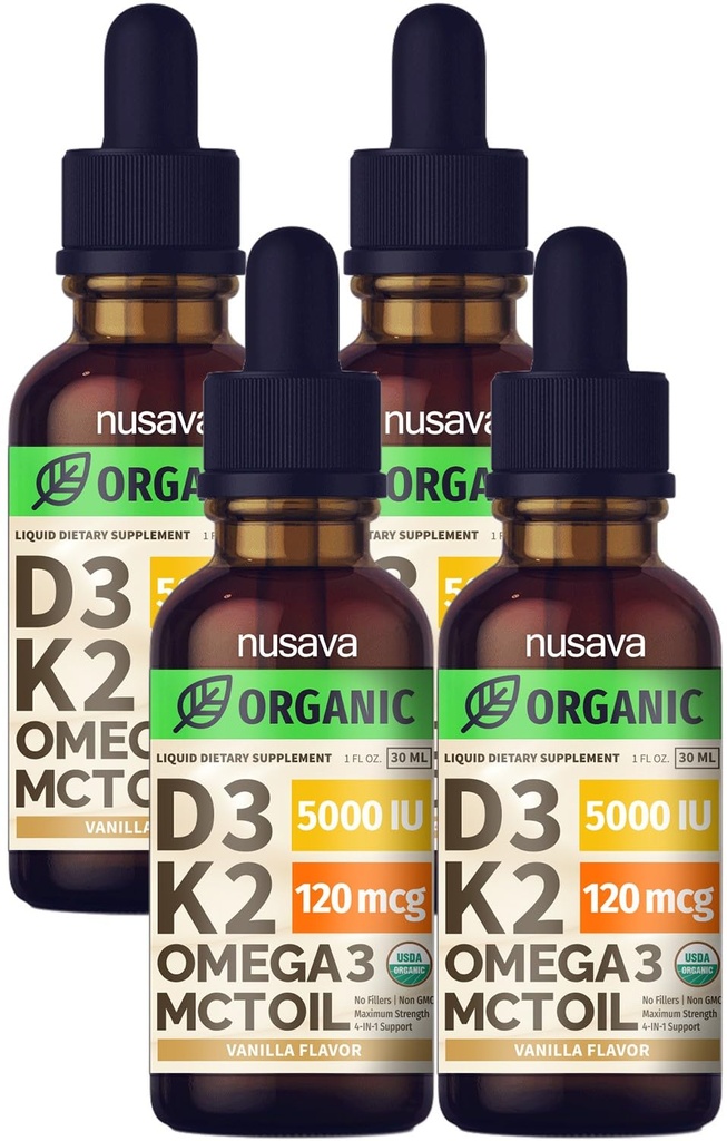 (4 Pack) Orgaaniline vitamiin D3 K2 tilgad MCT õli Omega 3, 5000 RÜ, maksimaalne tugevus D-vitamiini vedelik - ei täida, mitte-GMO vedelik D3 kiiremaks imendumiseks ja immuunsuse toetamiseks (Vanilla, 4 Fl Oz)