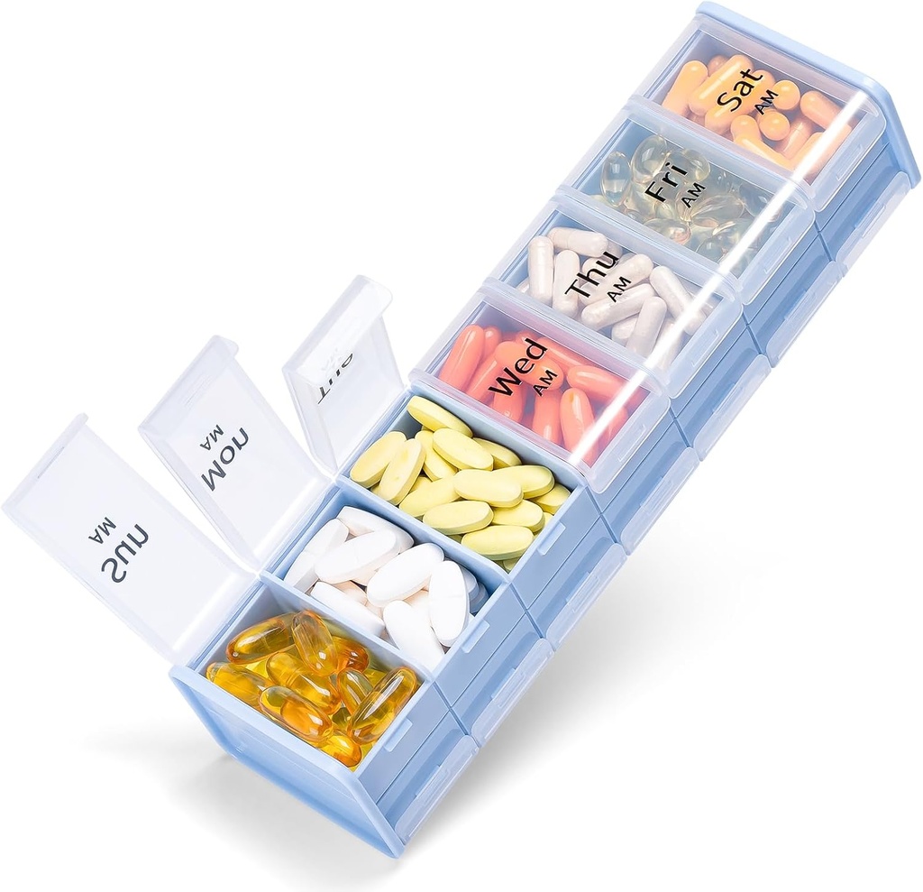 Ekstra suur iganädalane pillide korraldaja 2 korda päevas - Betife 7 päeva pillide karp, AM PM pillide juhtum kahekordse kihi Jumbo osaga pillide, vitamiinide, kalaõli, toidulisandite jaoks (sinine / valge)