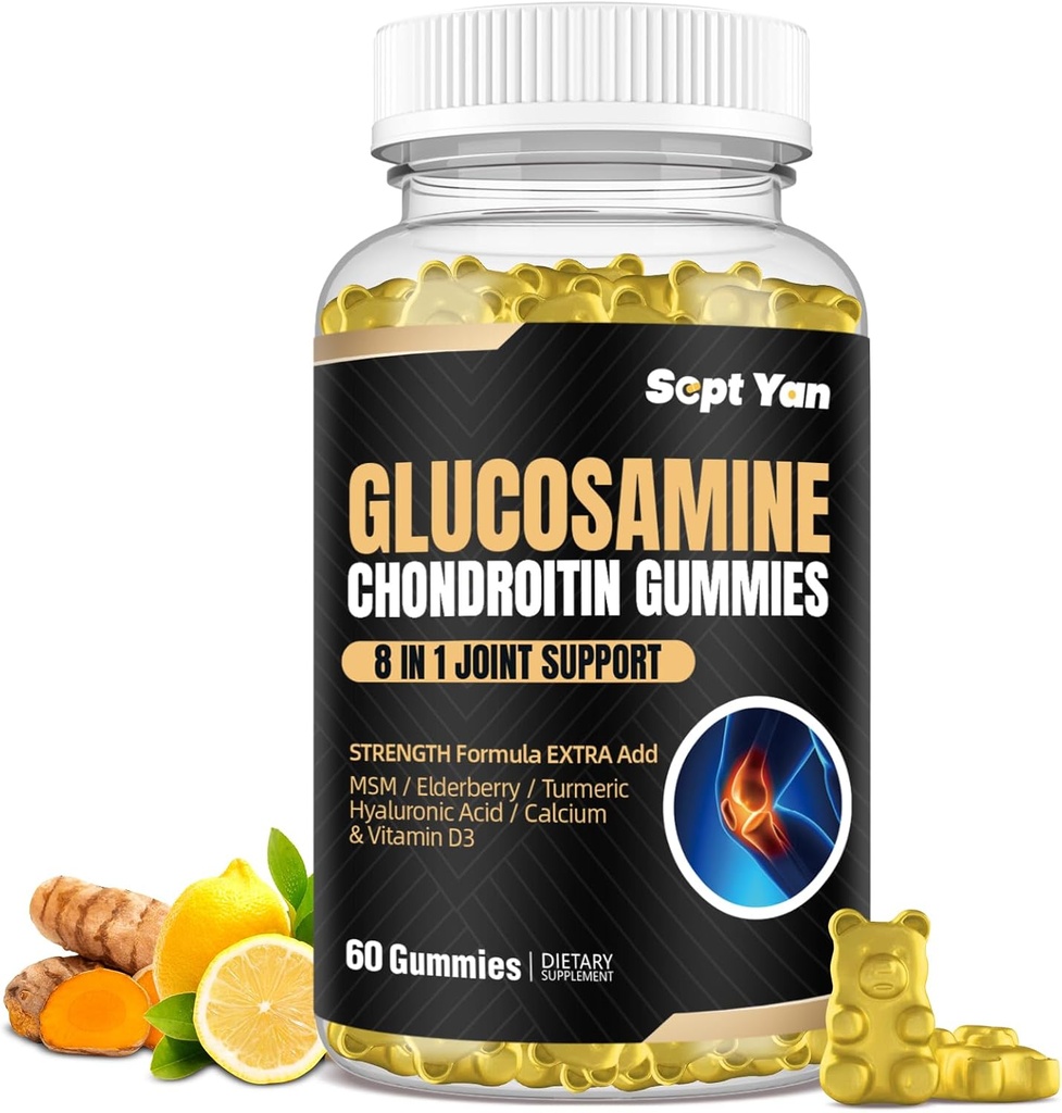 Glükoosamiin Chondroitin Gummies - 60 ühist tugilisandit - 1500mg ekstra tugevust MSM, Elderberry, Kurkum - Kõhre ja immuunsüsteemi tugi täiskasvanutele, meestele ja naistele Vegan - lihtne neelata