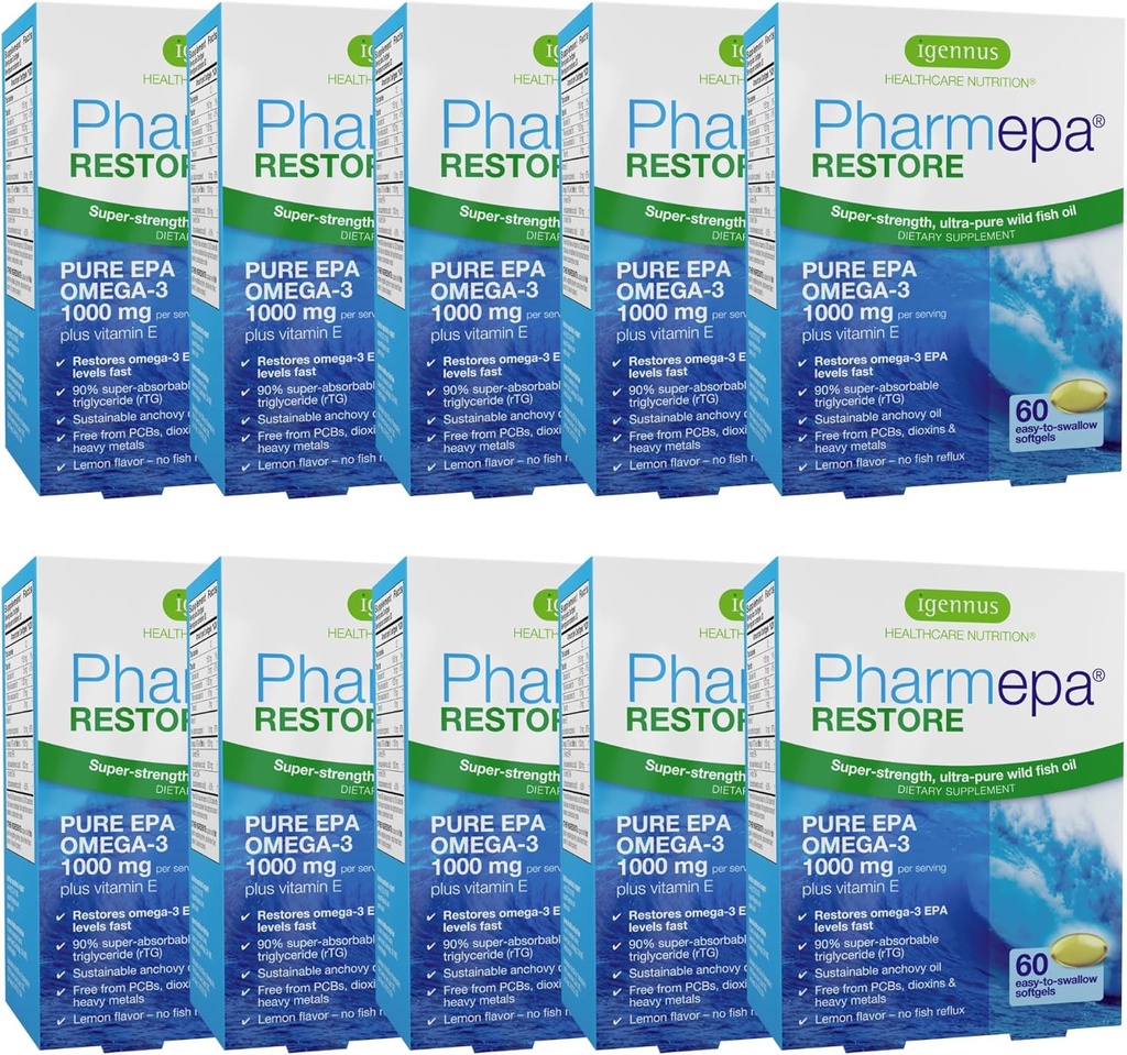 Igennus Pharmepa Restore, Pure EPA 1000mg, Omega 3 rTG kalaõli, IFOS sertifitseeritud, kõrge neeldumine, 90% kontsentratsioon kolmekordne tugevus, metsik ja jätkusuutlik, sidrunimaitse, 10-kuuline pakkumine, 10-kuuline pakend