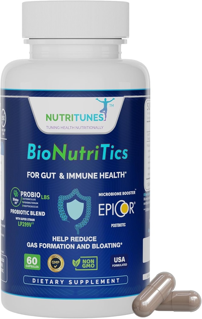BioNutriTics - Probiootikumid ProBio LBS + Postbiootiline EpiCor® soolestiku tervise jaoks, immuuntoetus seedetrakti mugavus juhuslikust gaasist ja puhumisest - 60 kapslit