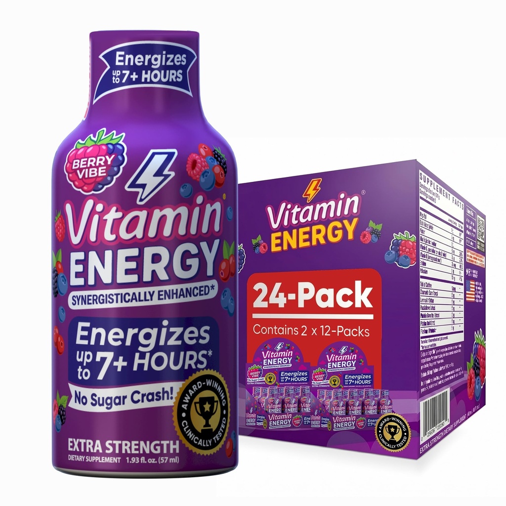Vitamiin Energia Mood + Extra Tugevus Energia Shot Troopiline Berry 24 Pack, 260mg looduslik kofeiin, B-vitamiinid, rodiola, kummel, meeleolu ja energia toetus, null suhkur, Gluteenivaba, Vegan, 1.93 fl oz