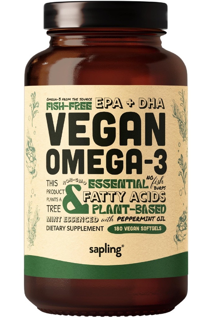 Vegan Omega 3 täiendus - taimsed DHA ja EPA rasvhapped - karrageenivaba, alternatiiv kalaõlile, toetab südant, aju, liigeste tervist - jätkusuutlikult hangitud vetikad, kalaõli vaba - 180 softgelid