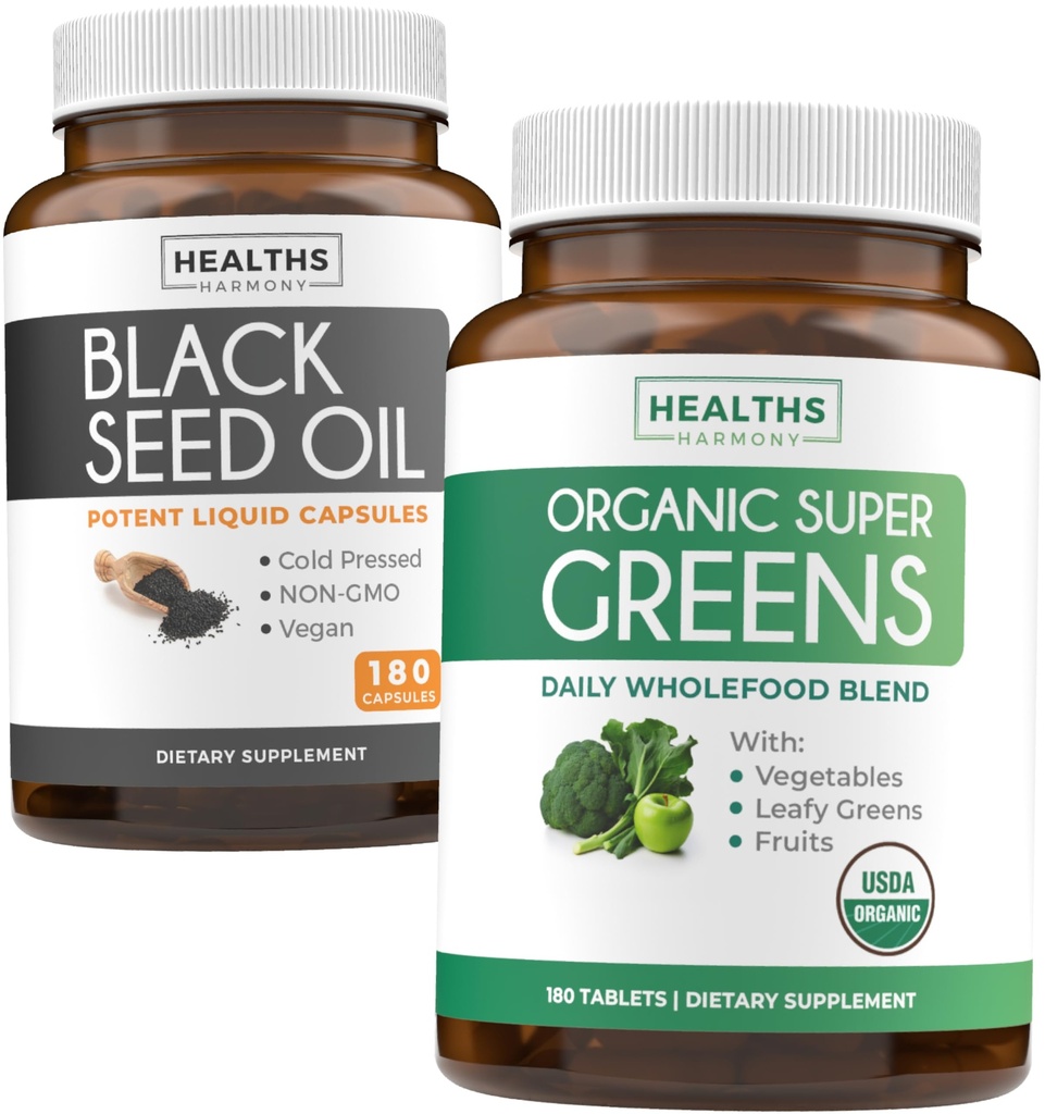 Black Seed Oil & Organic Super Greens (3-kuuline pakkumine) Seemnete ja idandite Bundle of Black Seed Oil (180 kapslit) Külmpressitud Nigella Sativa & Organic Super Greens Pulber (180 tabletti) Täielik supertoit