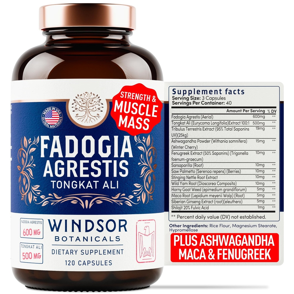 Fadogia Agrestis ja Tongkat Ali täiendus - Fadogia Agrestis 600mg, 500mg Longjack Tongkat Ali meestele, Maca juur, lambalääts, Ashwagandha, Saw Palmetto, et toetada energiat, vastupidavust, elujõudu - 120Caps
