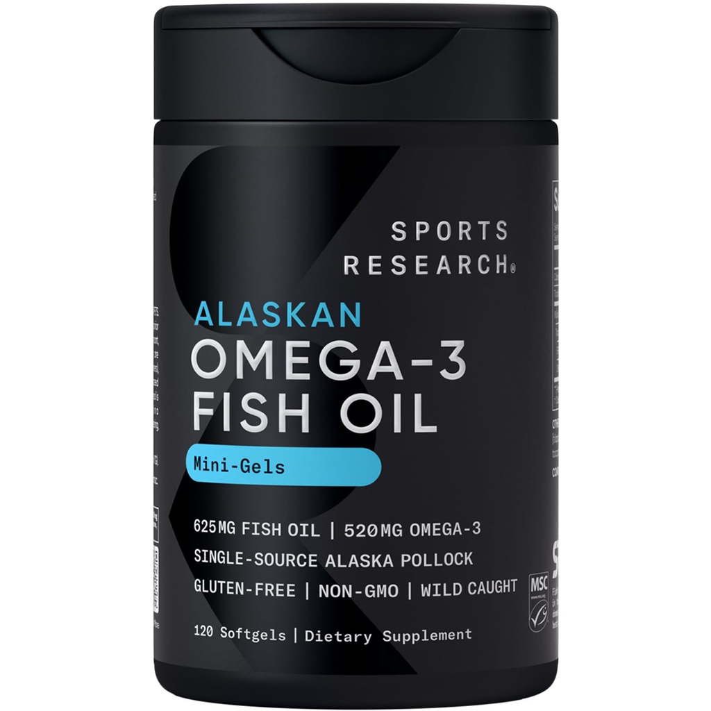 Sport Research Fish Oil Mini-Softgels - lihtne neelata Omega-3 rasvhappeid Wild Caught Alaska Pollock - 625mg, 120 Softgels