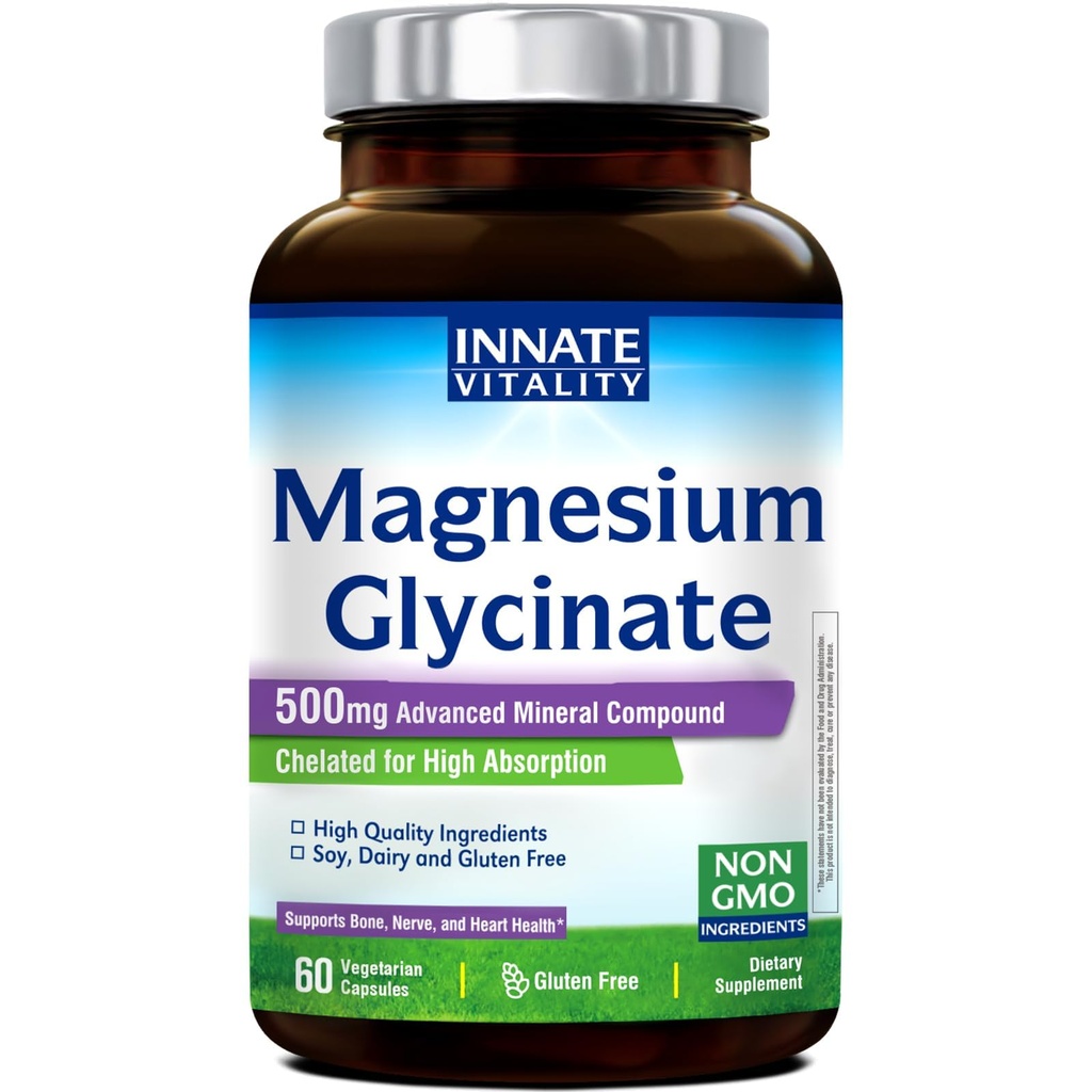 Kaasasündinud vitaalsus Magneesiumglütsinaat 500mg | 70mg Elementaarne magneesiumilisand- Suur imendumine, Puhverdamata, GMO-d ja gluteeni puudumine - Närvi, luu ja südame tervis - 60 Vegankapslit Magneesium