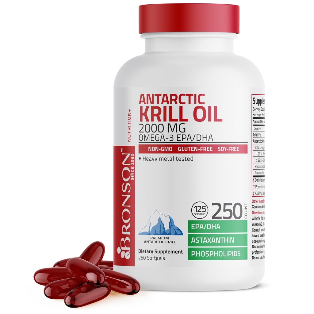 Bronsoni Antarktika krillõli 2000 mg koos Omega-3s EPA, DHA, astaksantiin ja fosfolipiidid, 250 Softgels (125 Servings)