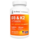 Dr Berg Maksimaalne tugevus 2-in-1 Vitamiin D3 K2 10 000 RÜ | Looduslikult saadud D3 | 4X Lab-testitud & kontrollitud | Kõrge imendumisega valem | K2 D3 Vitamiinilisand - 120 kapslit