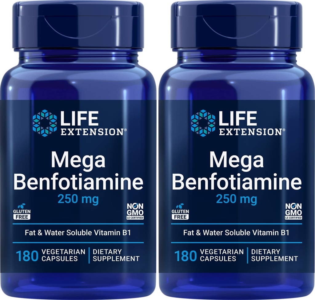 Life Extension Mega Benfotiamine 250 mg 180 Capsules (Pack of 2), Vegetarian Vitamin B Supplement with Thiamine