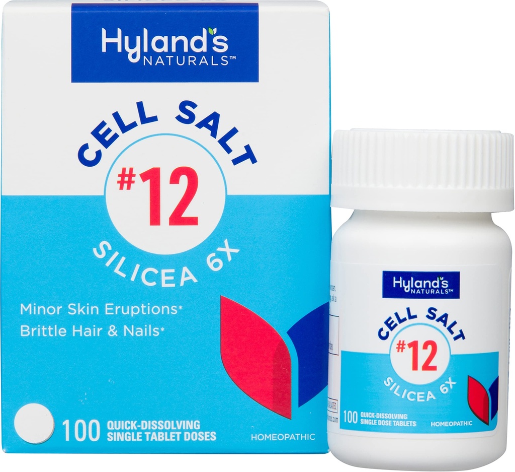 Hyland's No. 12 Cell Soola Silicea 6X tabletid, akne ja mustpea ravi, juuste ja küünte kasvu täiendamine ja tugevdamine, nahaärritused, kiire lahustamine tabletid, 100 loend