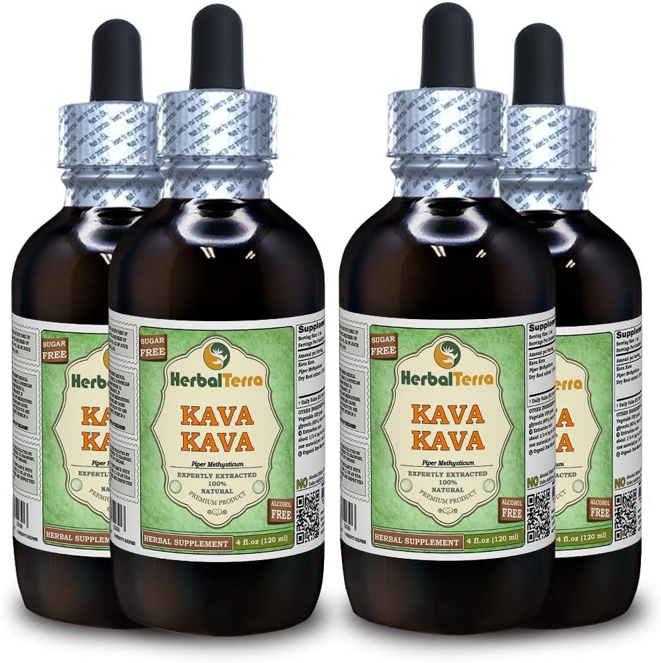 Kava Kava (Piper Methysticum) Glycerite, Dried Root Alcohol-Free Liquid Extract (Brand Name: HerbalTerra, Proudly Made in USA) 4x4 fl.oz (4x120 ml)