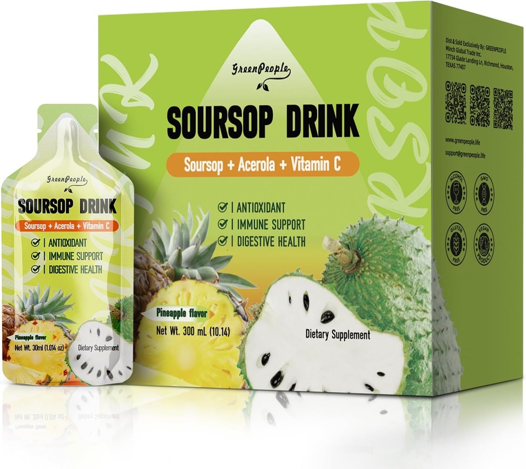 GREENPEOPLE Soursop & Acerola Liquid Supplement Drink, Soursop Bitters Vedelik, Immune Boosting C-vitamiini Jook, Kiire imendumine, Vegan, Non-GMO, 10 paketti