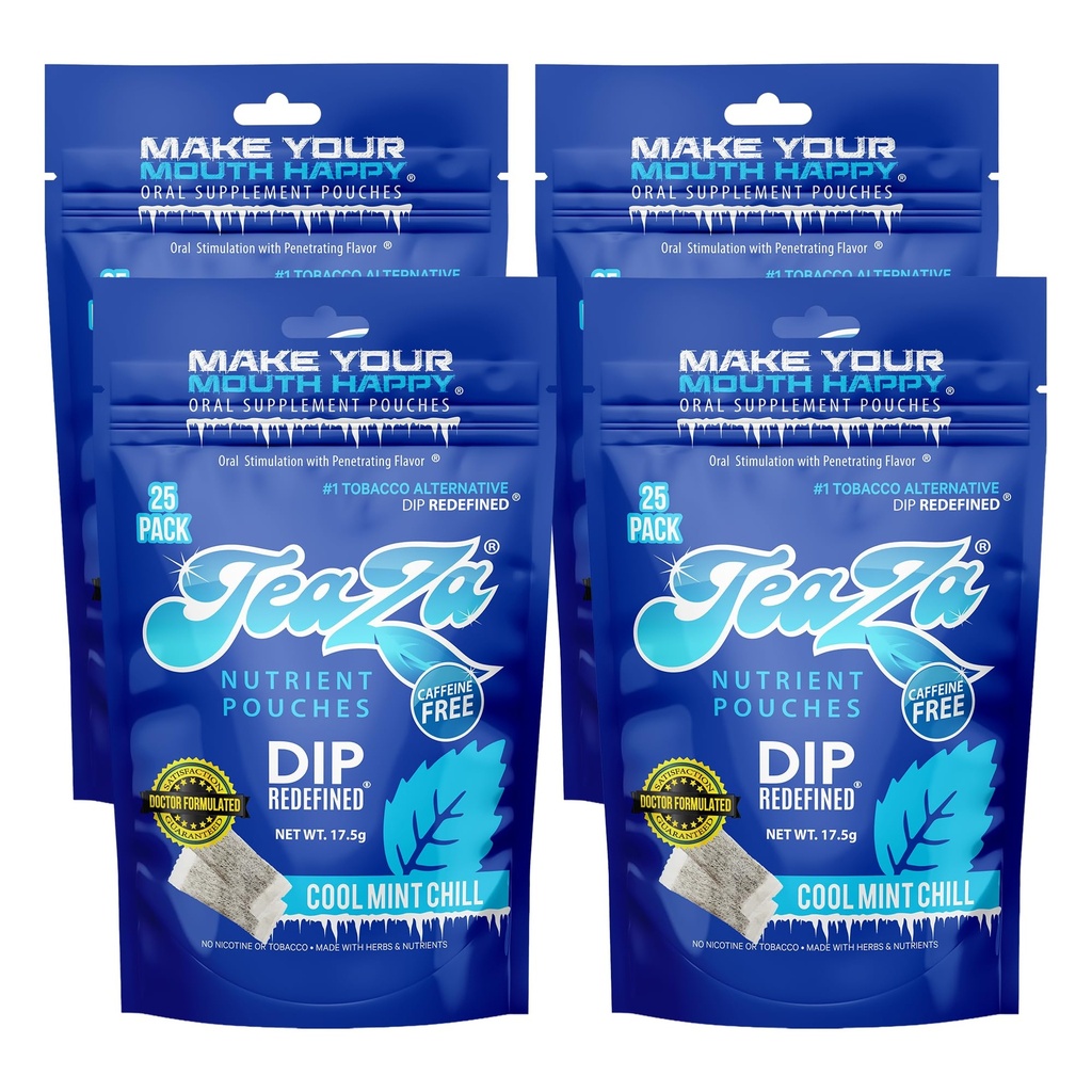 TeaZa Herbal Energy Pouches Tobacco Alternative Nicotine Free Dip, Smokeless Alternative Snuff and Healthy Dip Pouches, Cool Mint Chill (4 Pack) Tobacco Free Chew Premium Crisp Minty Flavor