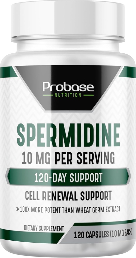 Probase Nutrition Spermidine (10mg 99% Spermidine 3HCL - kolmanda osapoole testitud) 120 kapslit - 100x rohkem potentsi kui nisuidu ekstrakt, telomere tervis ja vananemine 120-päevane pakkumine - sama tõhus kui NMN