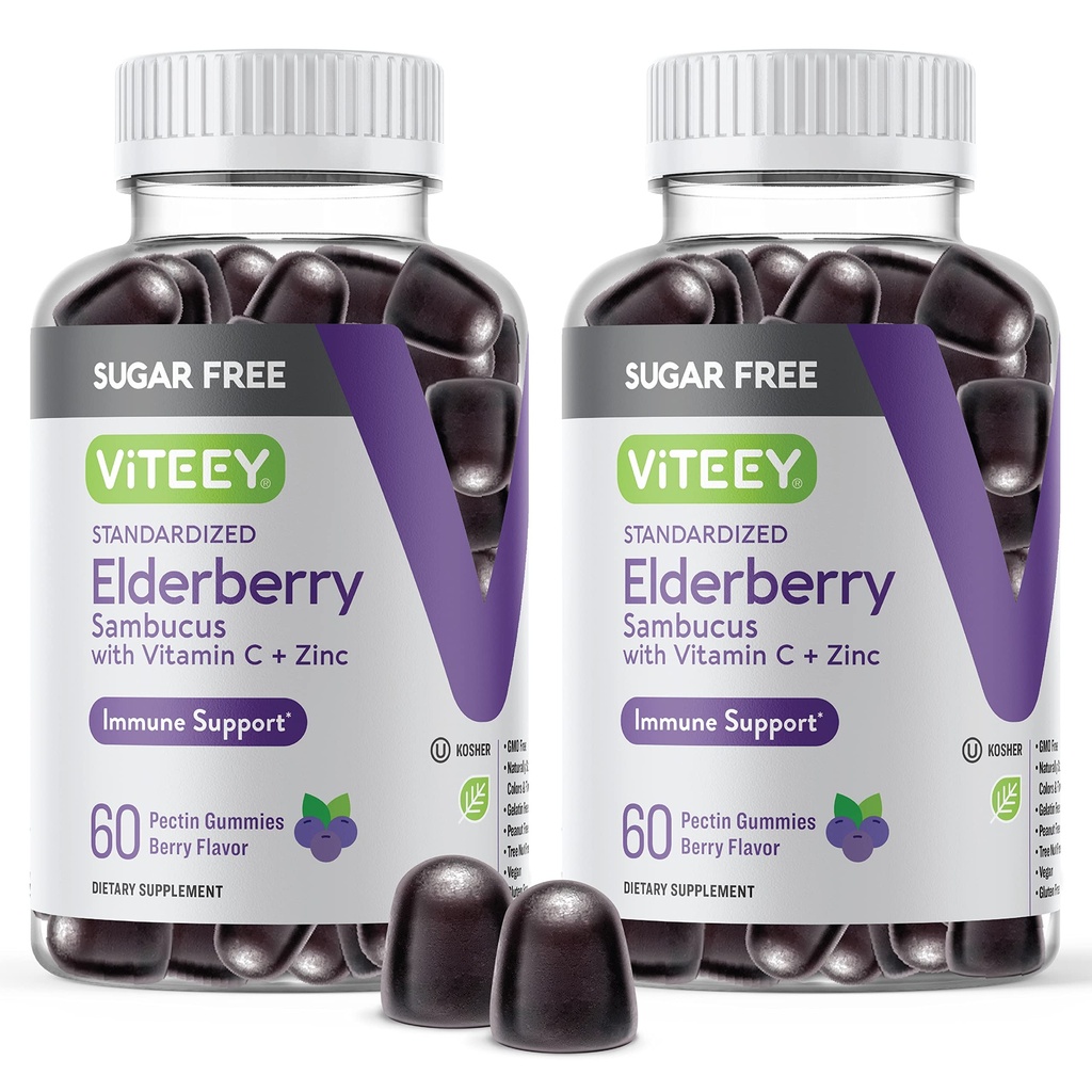 VITEEY Sambucus Elderberry Gummies täiskasvanutele ja teismelistele + Tsink ja C-vitamiin - suhkruvaba - immuunsuse tugi ja võimendaja taimsed toidulisandid - Vegan, Gluteenivaba, želatiinivaba, GMO-vaba, närimiskõlblik marjamaitseline