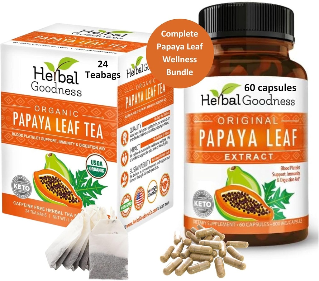Papaya Leaf Extract Kapsel ja Papaya Leaf Tea Bundle - täielikult toetada immuunsüsteemi tervist ja seedetrakti heaolu
