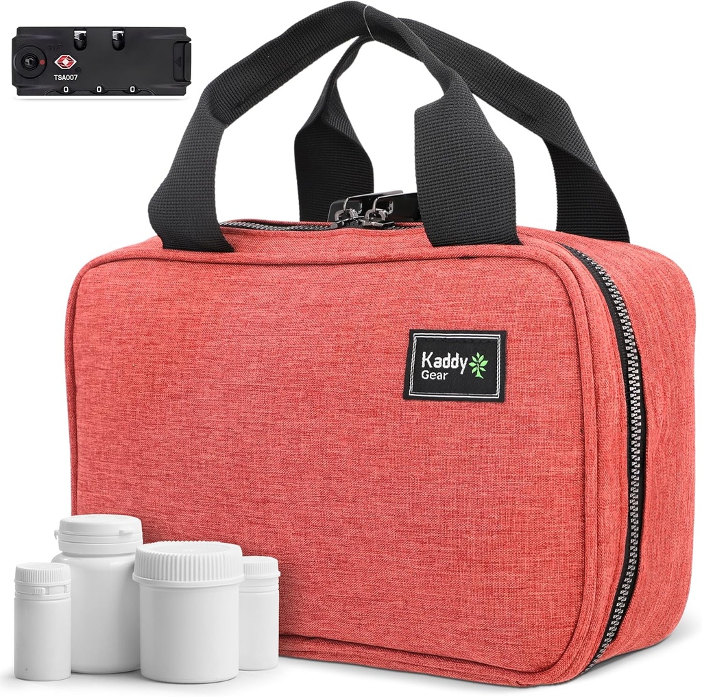 Kaddy Secure Pill Organizer Box, Hoidla pudel ravimit või toidulisandeid; Tualett; Travel või Home, TSA Approved Lock (Punane)