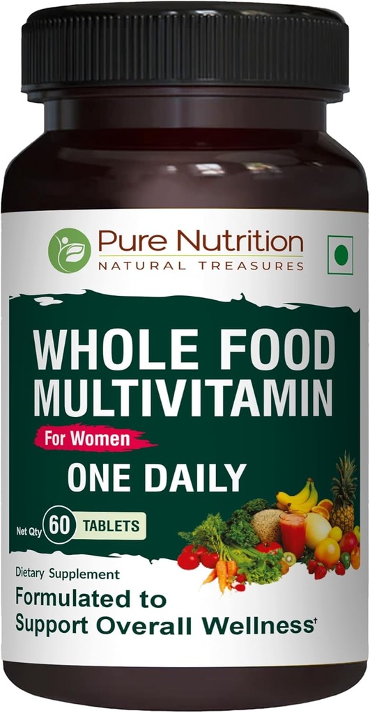 Puhas toitumine Terve toit Multivitamiin naistele | 60 Tabs | Üks-A-päev | 100% RDA | 24 looduslikku vitamiini ja mineraali | Kõik looduslikud taimsed naiste multivitamiinid | 2 kuud pakkumine
