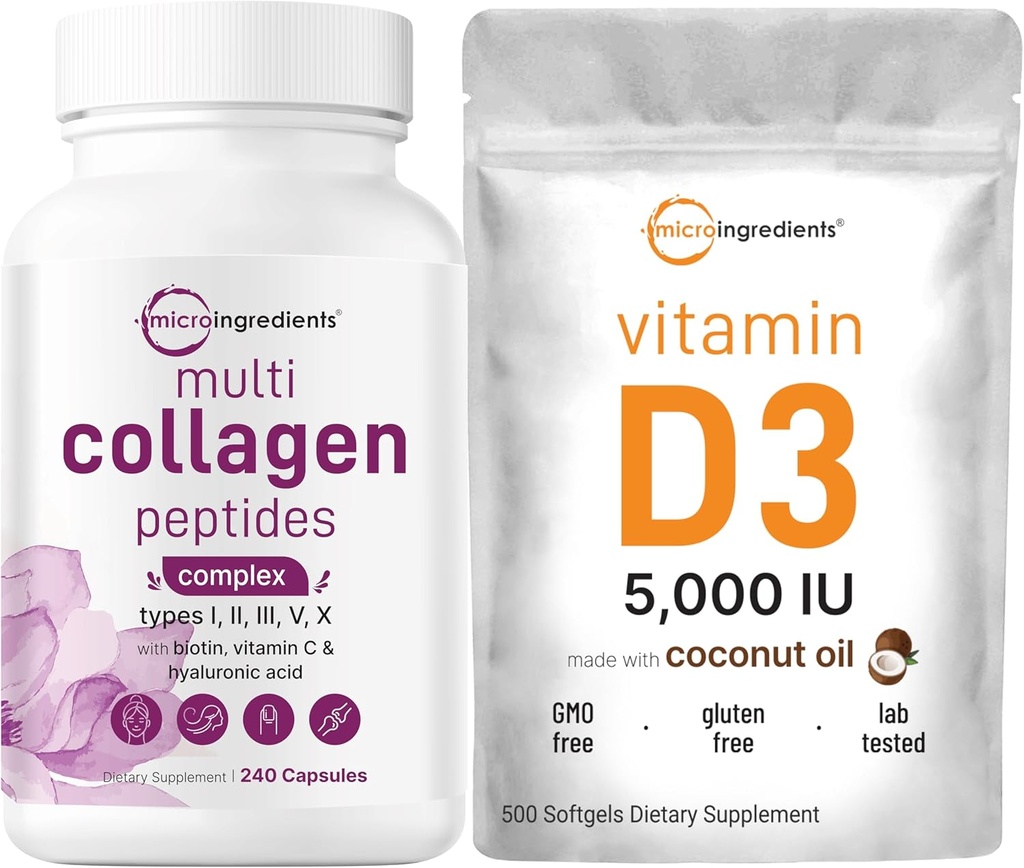 Mikrokoostisosad Multikollageeni tabletid ja vitamiin D3 5000 RÜ Komplekspakend | Rohuga toidetud kollageenpeptiidid | D-vitamiin kolekaltsiferoolina