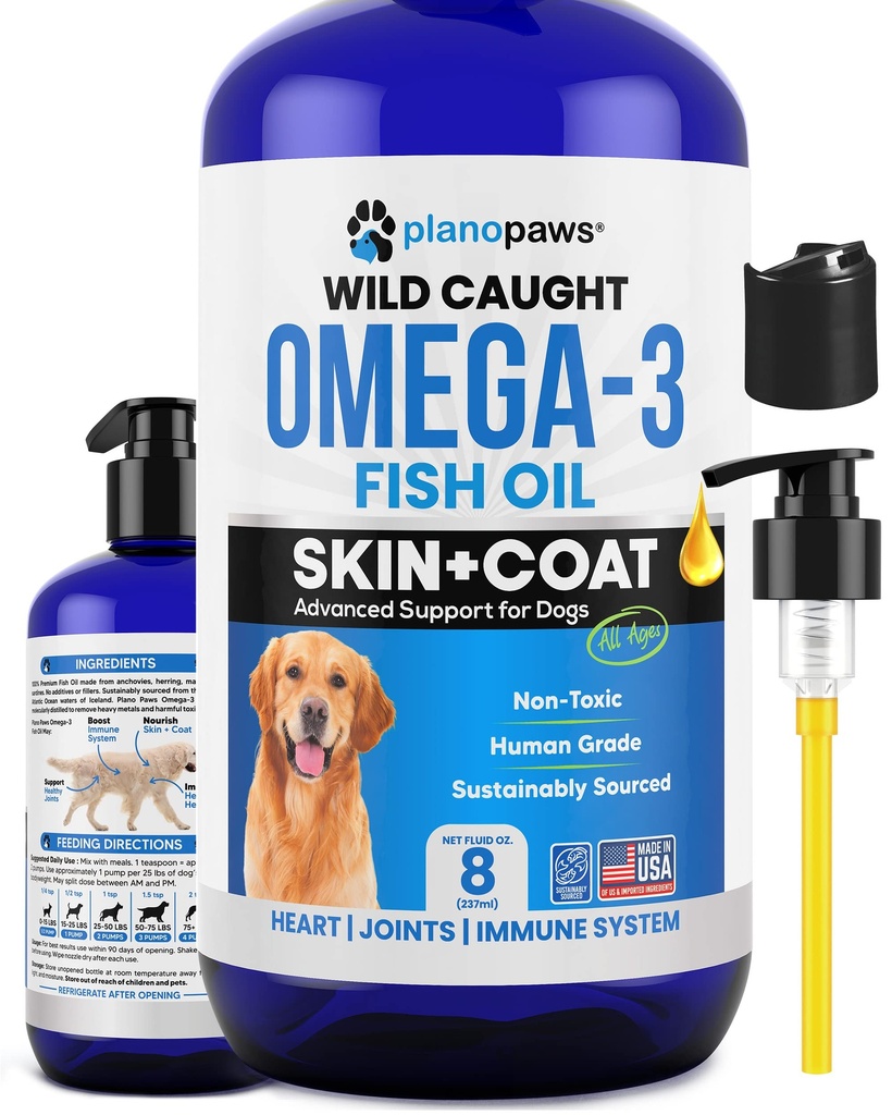 Omega 3 kalaõli koertele - parem kui lõheõli - koera kalaõli lisand, et vähendada levikut ja sügelust - toetab liigeseid, aju ja südame tervist - naha ja karva täiendus - vedel kalaõli