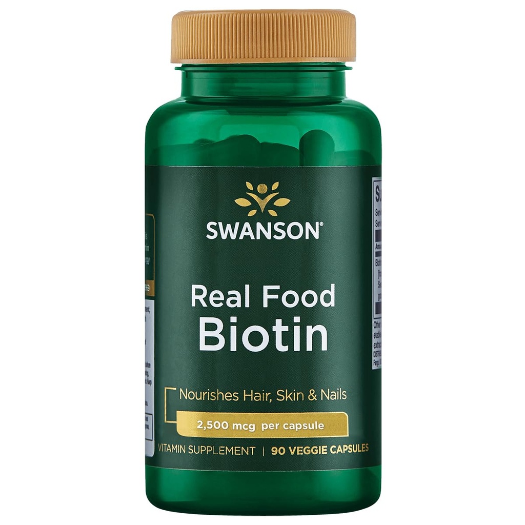 Swanson Real Food Biotin Vitamiin B-7 Juukseküünte Metabolism Tervis orgaanilisest Hummingbird Tree ekstrakt Vegan Gluten-free Non-GMO B7 5000 mcg 90 Veggie kapslid (Caps)