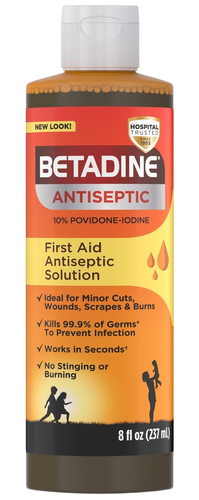 Betadine Antiseptic First Aid Solution, Povidone-Iodine 10%, Infection Protection, Kills Germs in Minor Cuts Scrapes and Burns, No Sting Promise, No Alcohol or Hydrogen Peroxide, 8 FL OZ