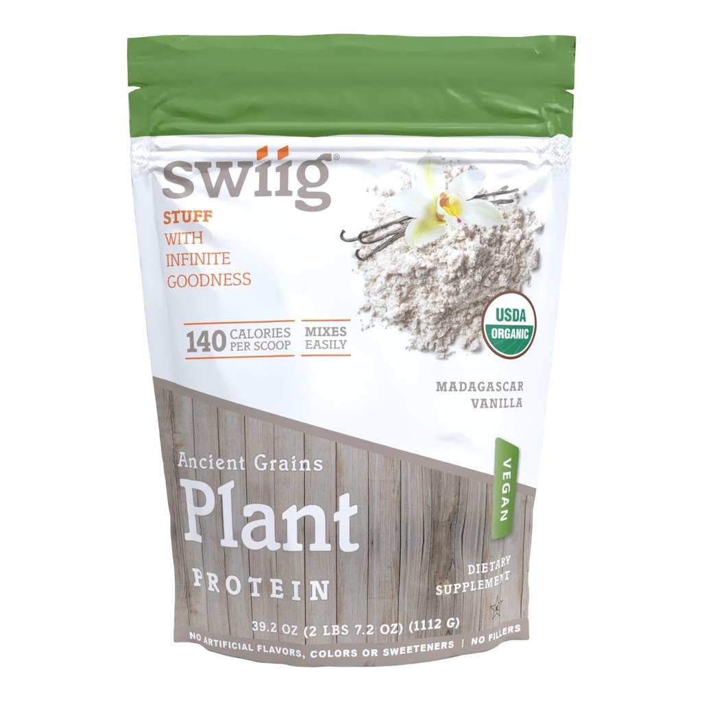 swiig Organic Plant Protein Powder – Vegan Plant Based Protein, Ancient Grains Protein Blend, 20g Protein, Gluten-Free, Dairy-Free, Non-GMO, Easy to Digest, Vanilla, 2.7 lb