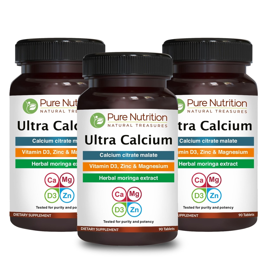 Puhas toitumine Ultra Kaltsium 1000mg VIT D3 + K2 | 270 Tabs (90 X Pack of 3) | Väga imenduv kaltsiumilisandi kaltsiumtsitraatmalaat, VIT D3, K2, Moringa Oleifera, Magneesium ja tsink.