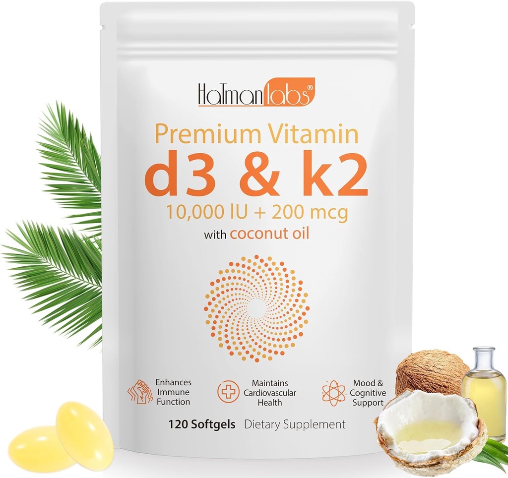 Vitamiin D3 K2 toidulisand Softgel, 2-in-1 mikrokoostisosad Vitamiin D3 10000 IU + 200 MCG Vitamiin K2, Kookosõli Softgels, Vaba GMO, Supplement Softgel (120Pcs)