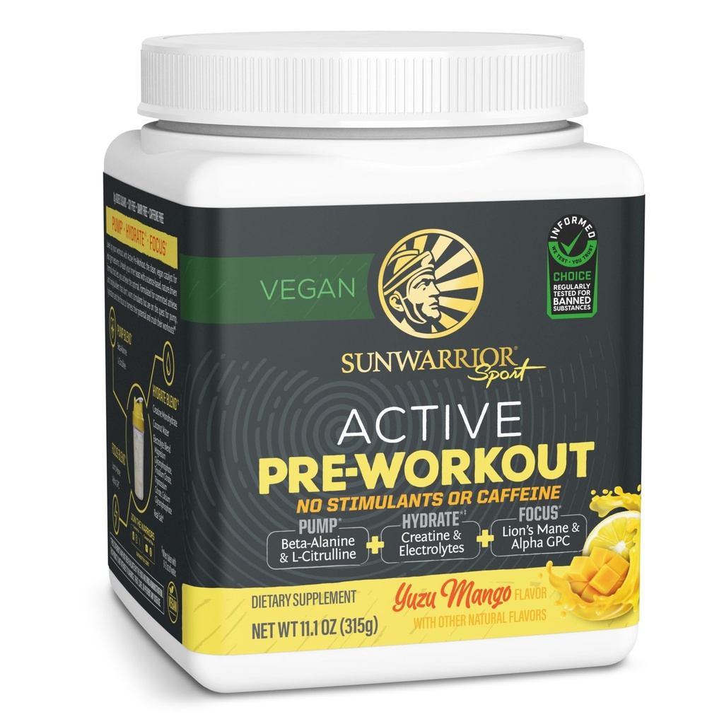 Pre Workout Pulber Energiajook Mitte-Stim & Kofeiinivaba | Vegan Taimepõhine täiendus | Pump Hüdraat Fookus Kestvus & Tugevus Ehitaja | Yuzu Mango Maitsestatud 30 Serving Active Preworkout