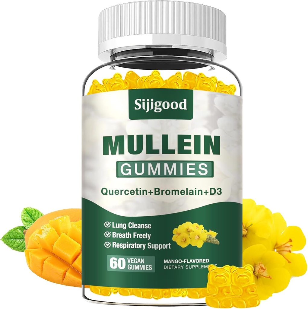 Mullein Gummies kopsudele, Mullein Leaf ekstrakti lisand seedetrakti ja hingamisteede ja immuunsüsteemi toetuseks Bromelain, Quercetin, Mango Flavor, 60 krahv