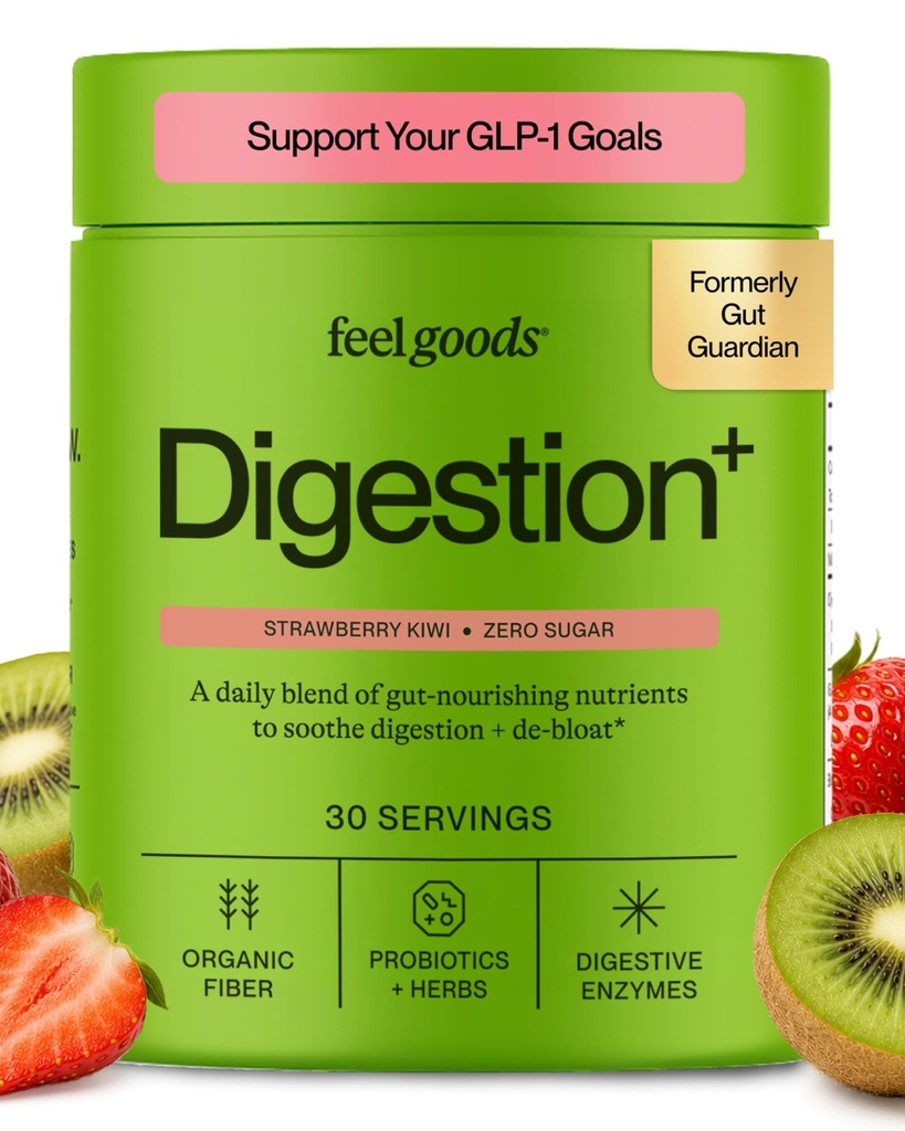 Feel Goods Gut Guardian, orgaaniline kiud, probiootikumid ja prebiootilised pulbrid, suhkruvabad, maitsetaimed puhumiseks, soolestiku tervisetoetus, seedetrakti tervis meestele ja naistele, non GMO, vegan, maasika kiiwi, 30 serveerimist