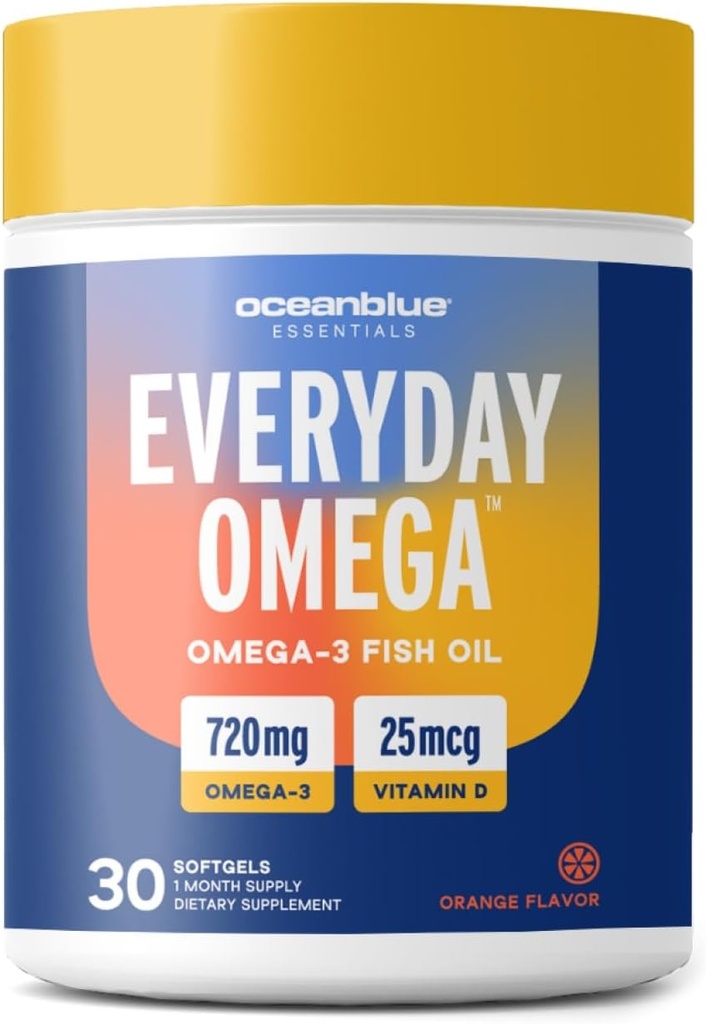 Oceanblue Omega 3 lisand naistele | Habemetu kalaõli 720mg D3-vitamiiniga | Südame immuunsuse tugi, molekulaarselt destilleeritud oranž maitse (30 loend üks päevas oomega)