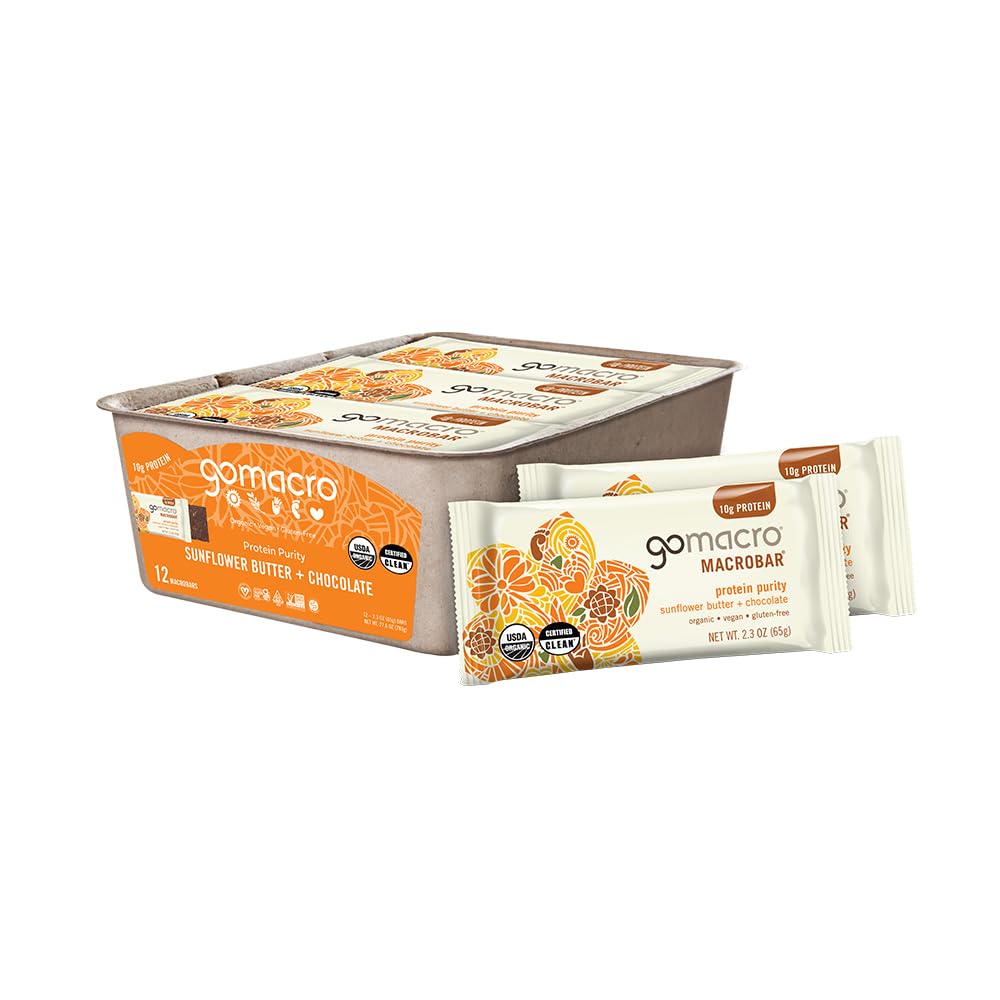 GoMacro MacroBar Organic Vegan Protein Bars - Päevalillevõi + šokolaad (2.3 Ounce Bars, 12 Count)