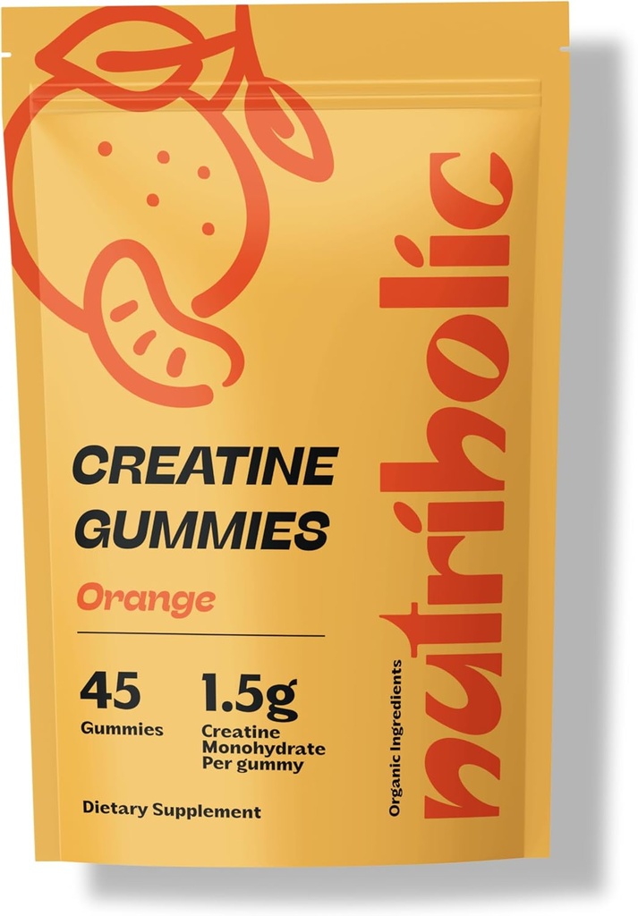 Kreatiinmonohüdraat Kummid meestele ja naistele - lihtne seedida, vegan, gluteenivaba, mitte-GMO, 1,5 g kreatiini Gummy kohta - 45 ct (45 krahv, oranž)