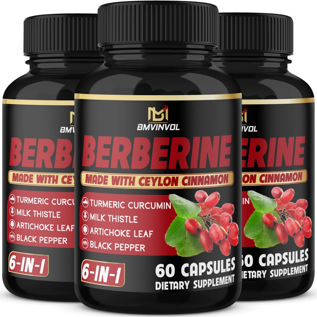 (3 pakendit) Berberine Supplement Plus Tseiloni kaneel, piimaohakas, kurkum, artišokilehe, Black Peppe - 6 kuu pakkumine - 180 kapslit kokku