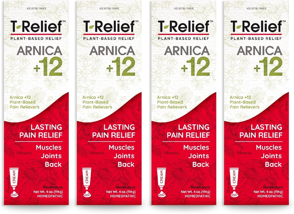 T-Relief Arnica +12 Cream Natural leevendavad aktiivsed seljavalu liigesvalu valu lihasvalud ja jäikus, kogu keha kiire tegutsemine leevendamine naistele ja meestele - 4 oz (4 Pack)